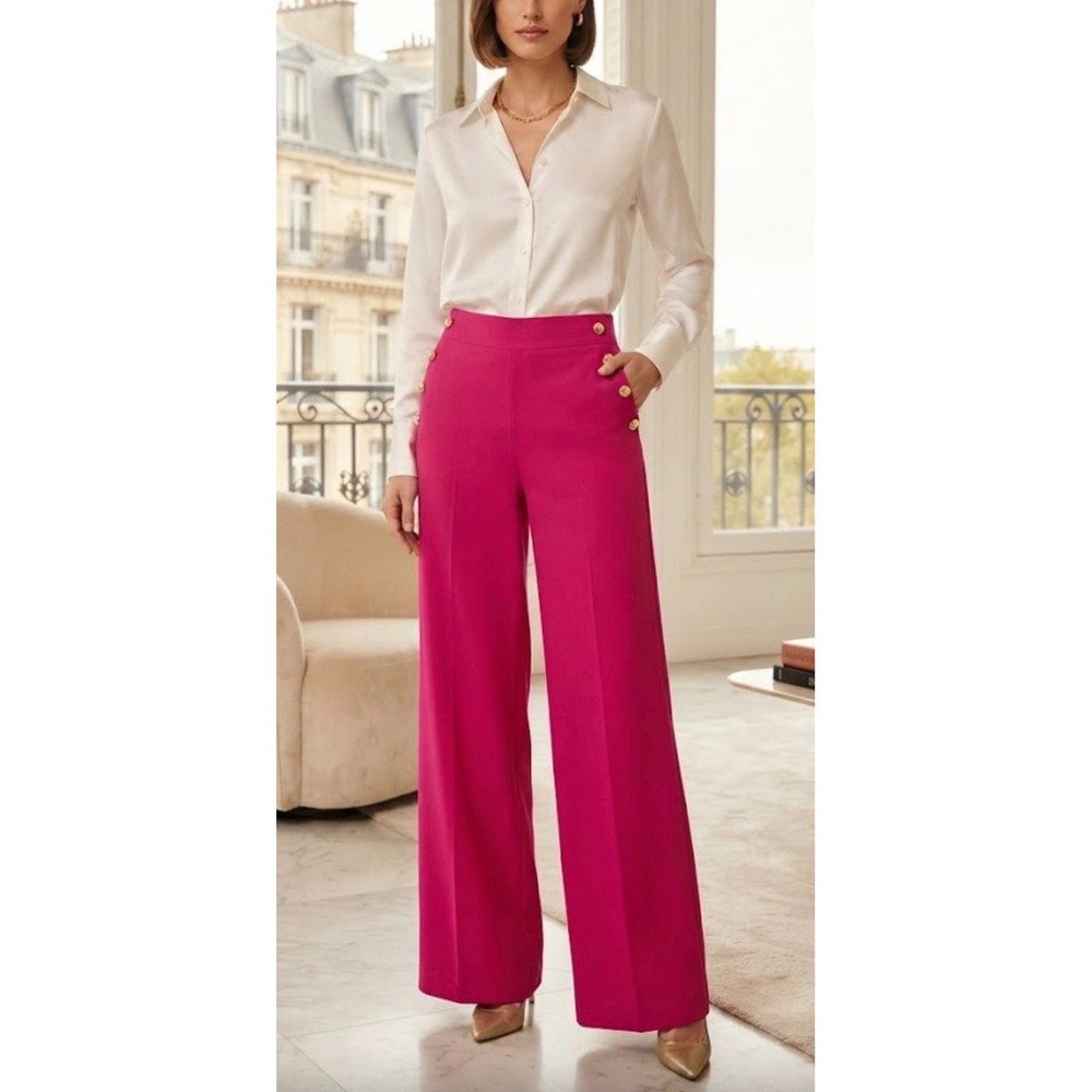 INC International Concepts Pink Linen Blend Wide Leg Sailor Pants Gold Button 8